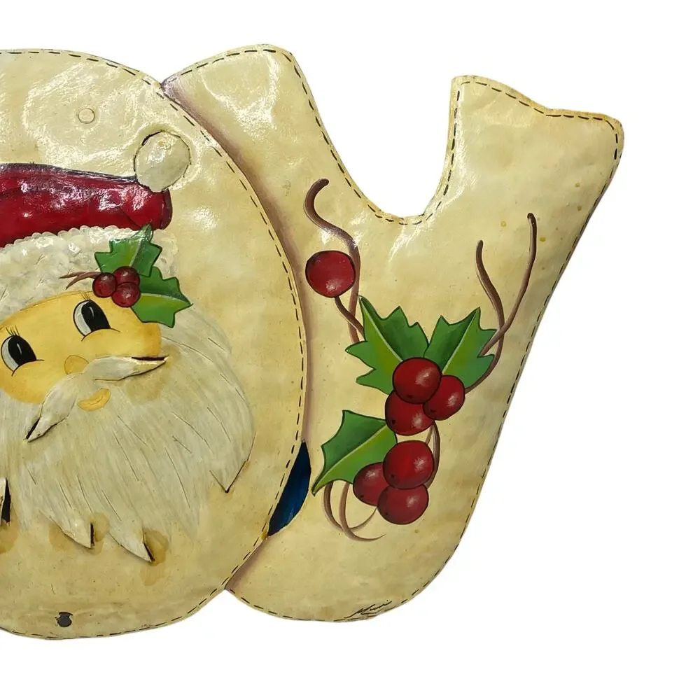 Vintage Christmas Cutout Metal Wall Art Decoration Joy Sign with Santa Face